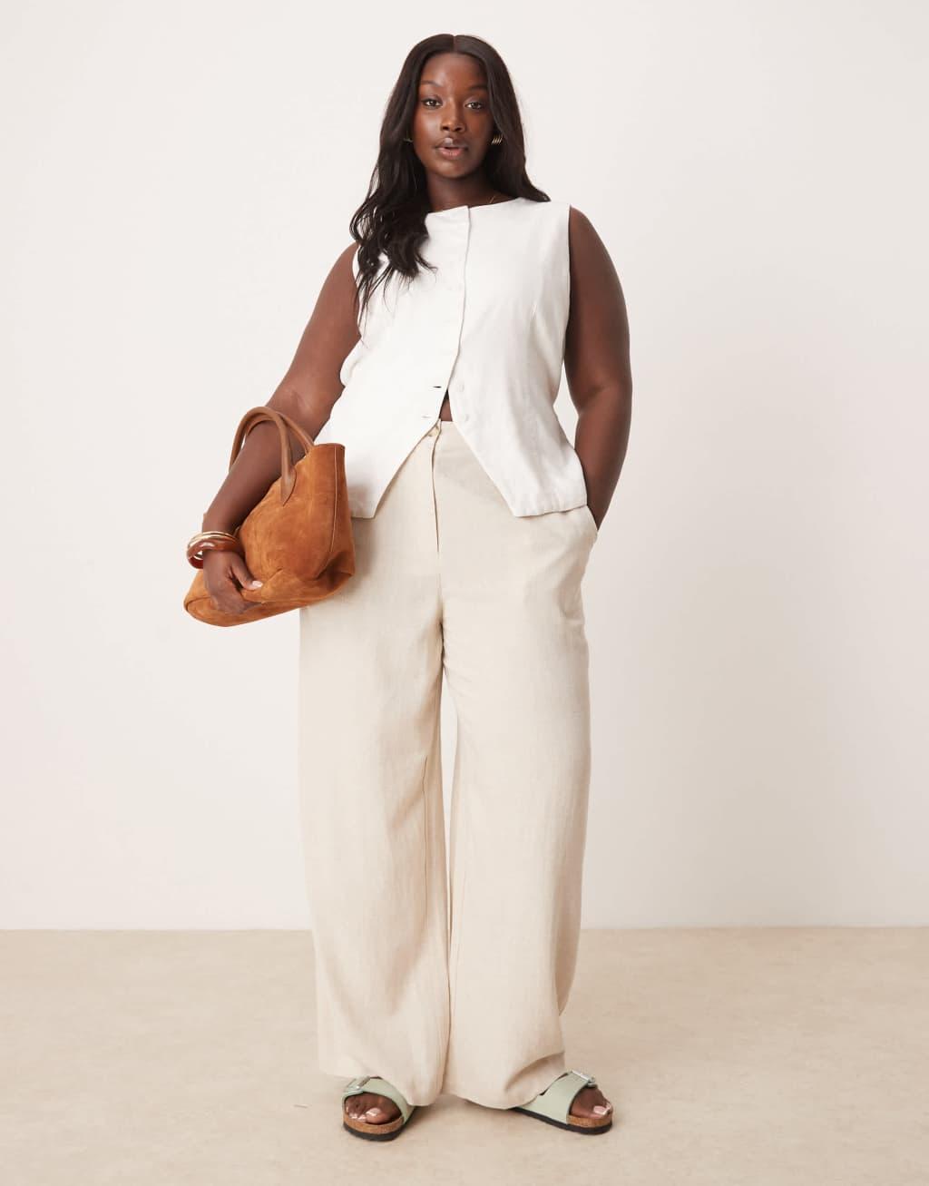 ASOS DESIGN Curve relaxed straight leg pants with linen in stone Product Image
