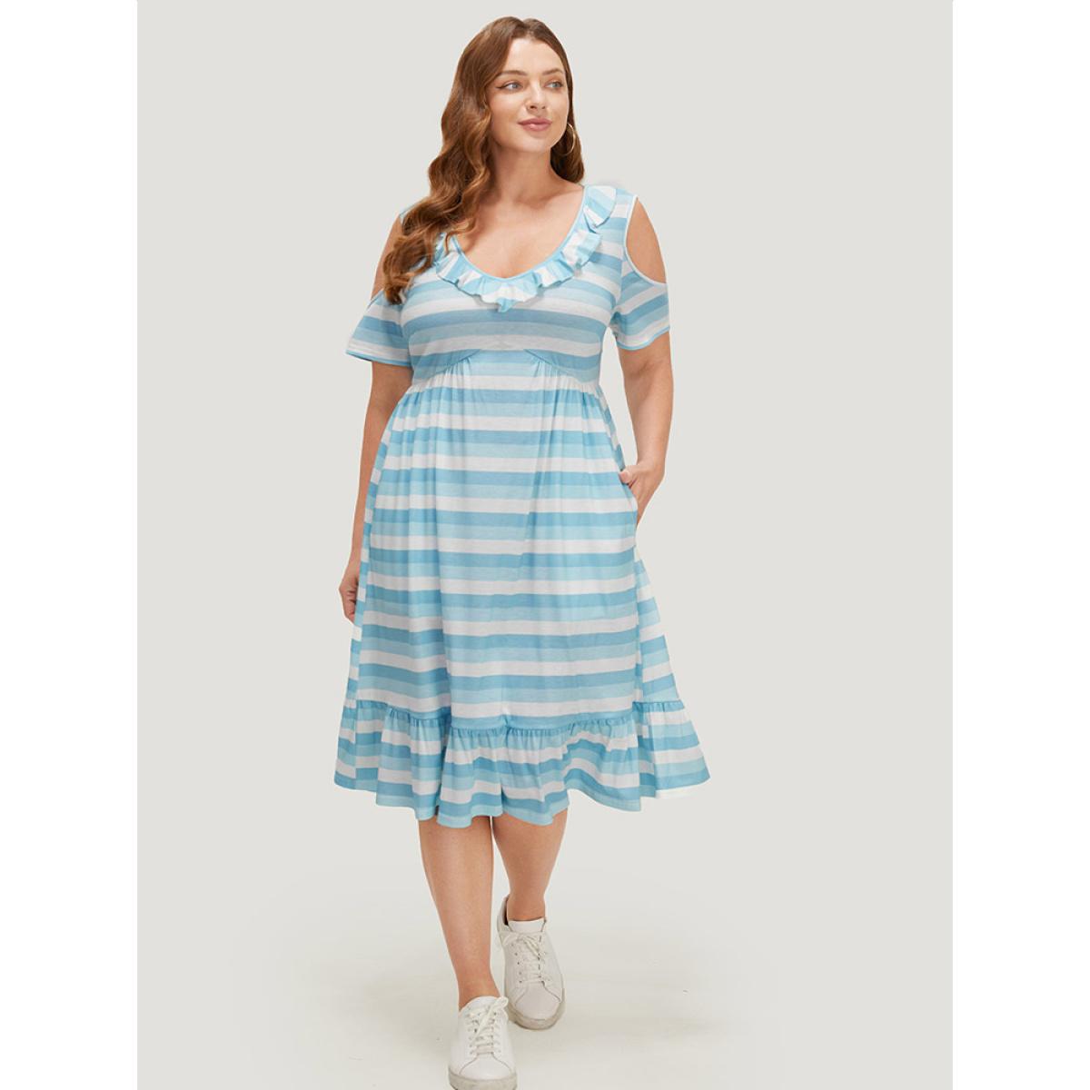 Plus Size Striped Contrast Pocket Ruffle Trim Cold Shoulder Dress LightBlue Women Casual Contrast Cold Shoulder Short sleeve Curvy Midi Dress BloomChic 26/4X Product Image