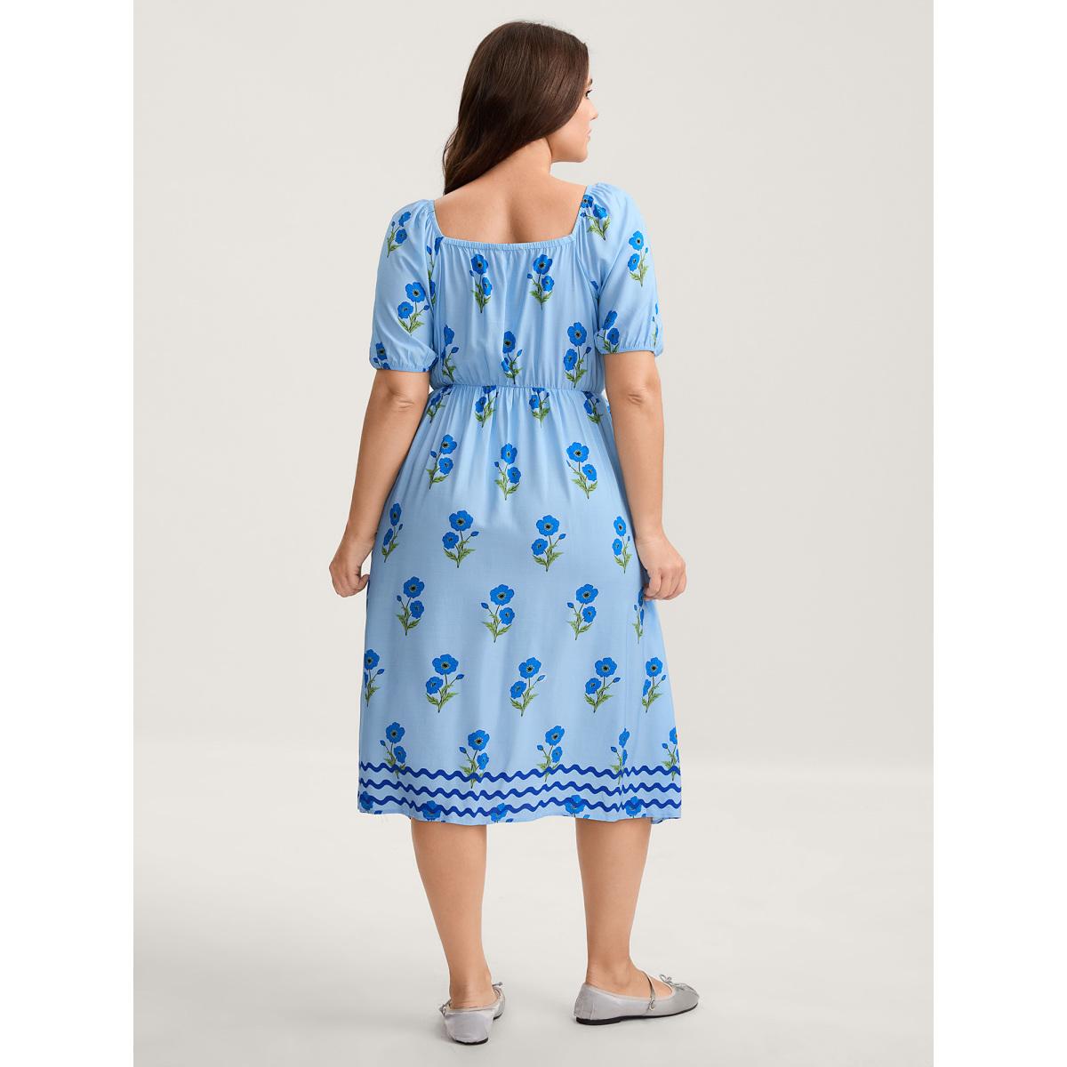 Plus Size Rayon Neck Tie Pockets Floral Midi Dress Skyblue Women Square Neck Short sleeve Curvy BloomChic 26/4X Product Image