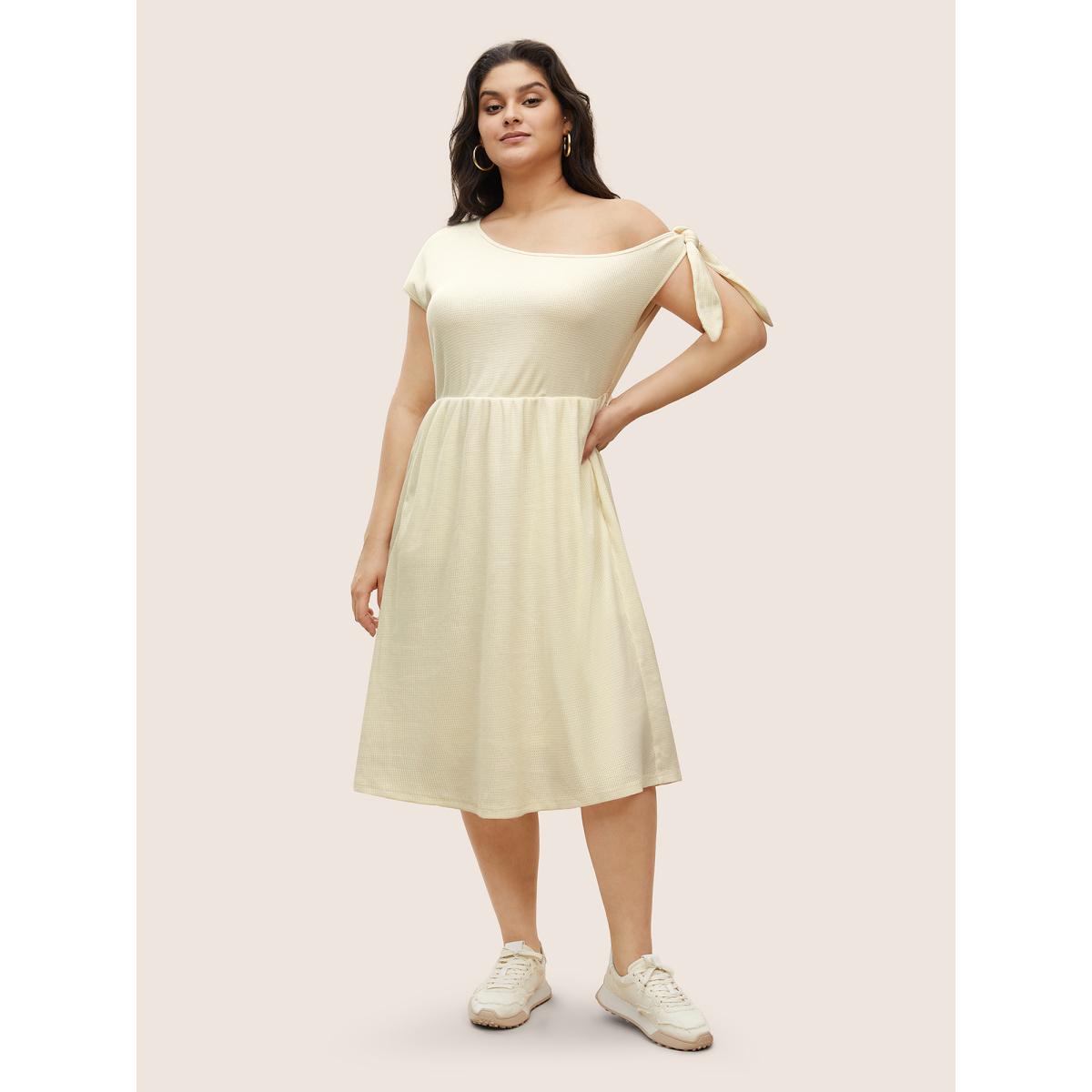 Plus Size Asymmetrical Neck Waffle Knit Tie Knot Dress Ivory Women Casual Tie knot Asymmetrical Neck Cap Sleeve Curvy Midi Dress BloomChic 12/L Product Image