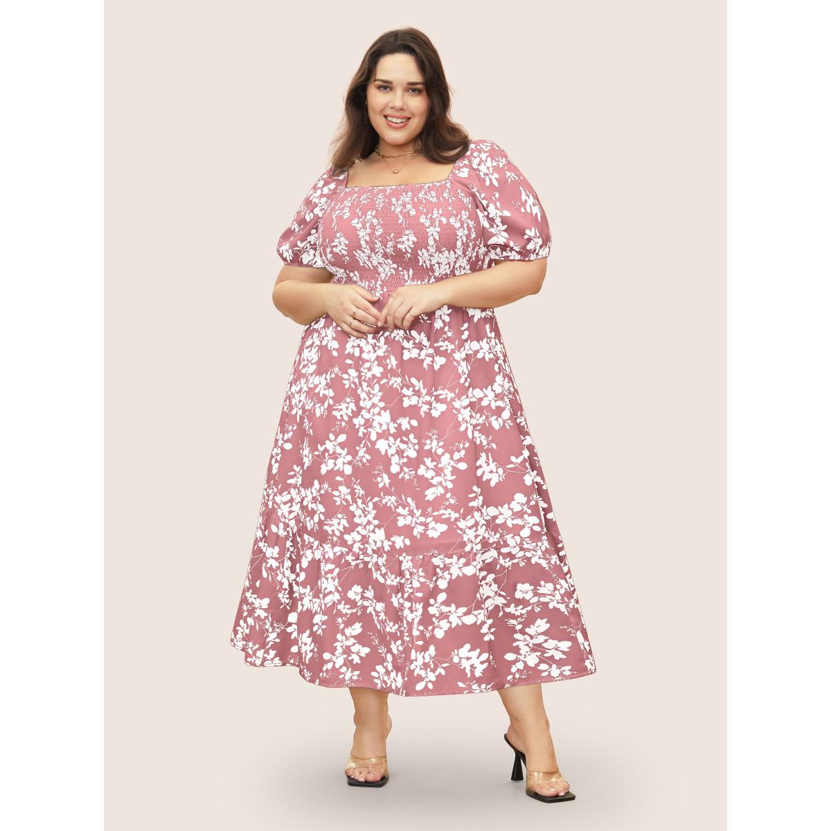 Plus Size Silhouette Floral Print Shirred Puff Sleeve Dress Rouge Women Elegant Gathered Square Neck Short sleeve Curvy Midi Dress BloomChic 30/6X Product Image