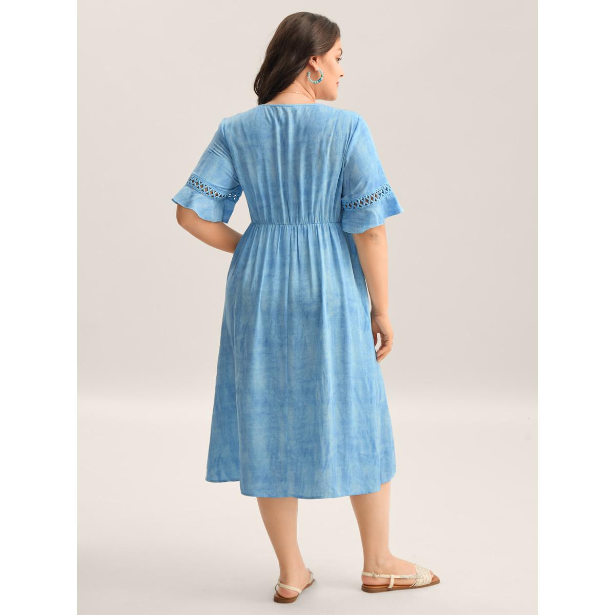 Plus Size Color Blend Lace Trim Pockets Midi Dress Stone Women V-neck Short sleeve Curvy BloomChic 10/M Product Image