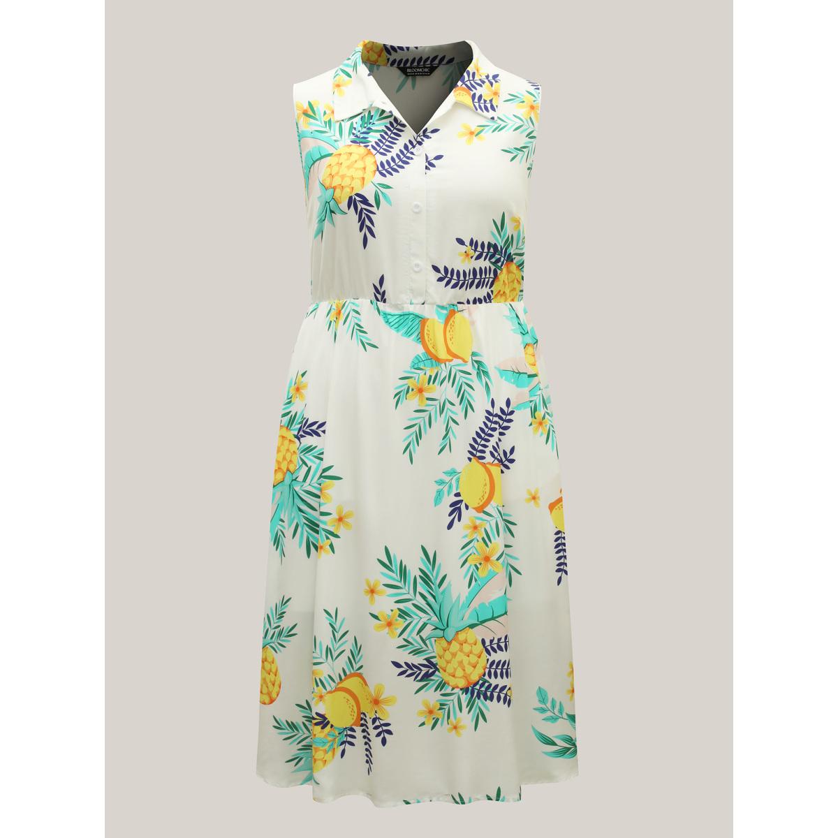 Plus Size Rayon Fruit Print Collar Pockets Midi Dress Emerald Women Shirt collar Sleeveless Curvy BloomChic 18-20/2X Product Image