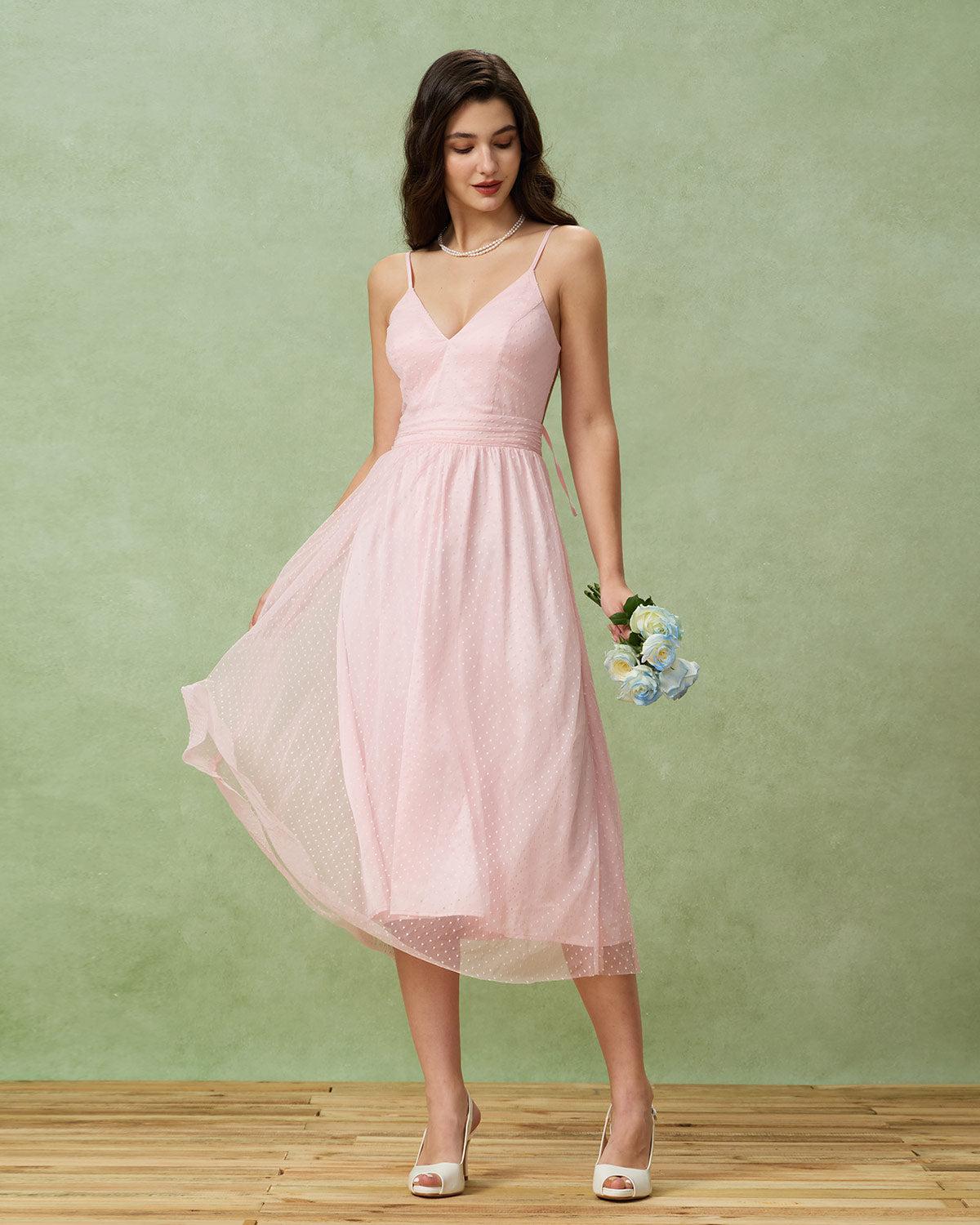 Pink V Neck Backless Slip Midi Dress Product Image