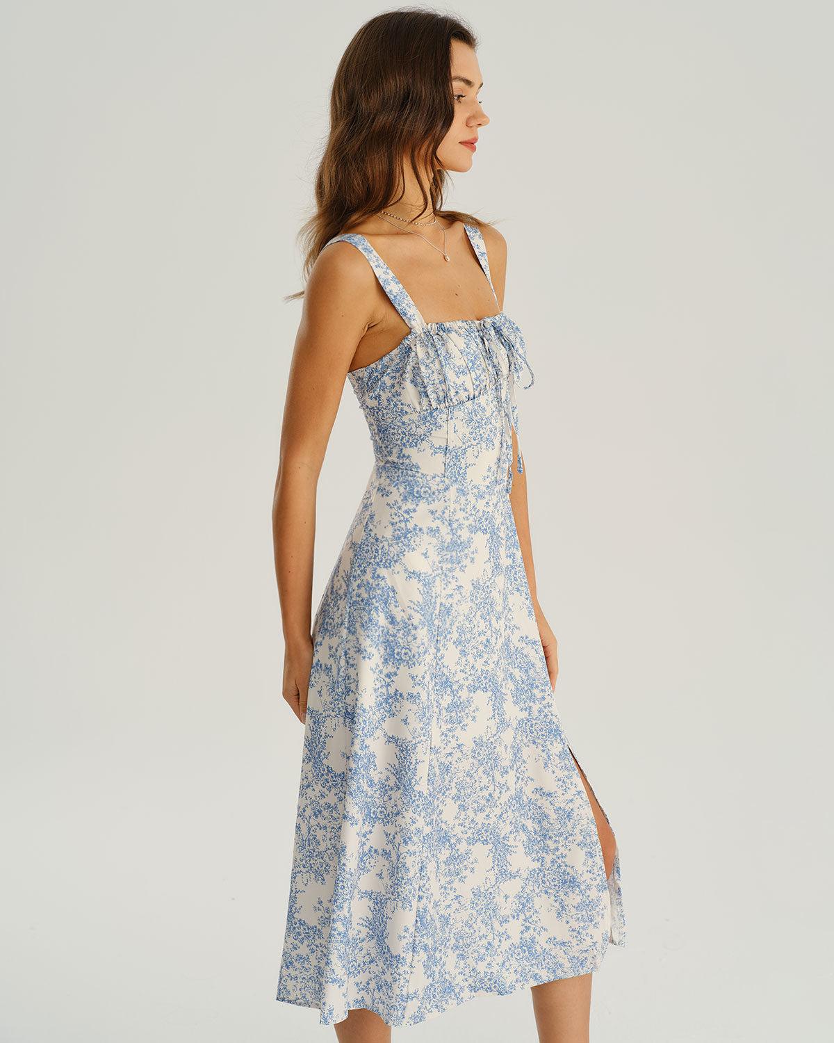 Blue Floral Ruched Slip Midi Dress Product Image