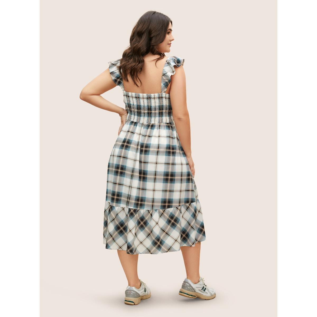 Plus Size Plaid Ruffle Trim Patchwork Hem Dress LightBlue Women Casual Shirred Non Sleeveless Curvy BloomChic 10/M Product Image