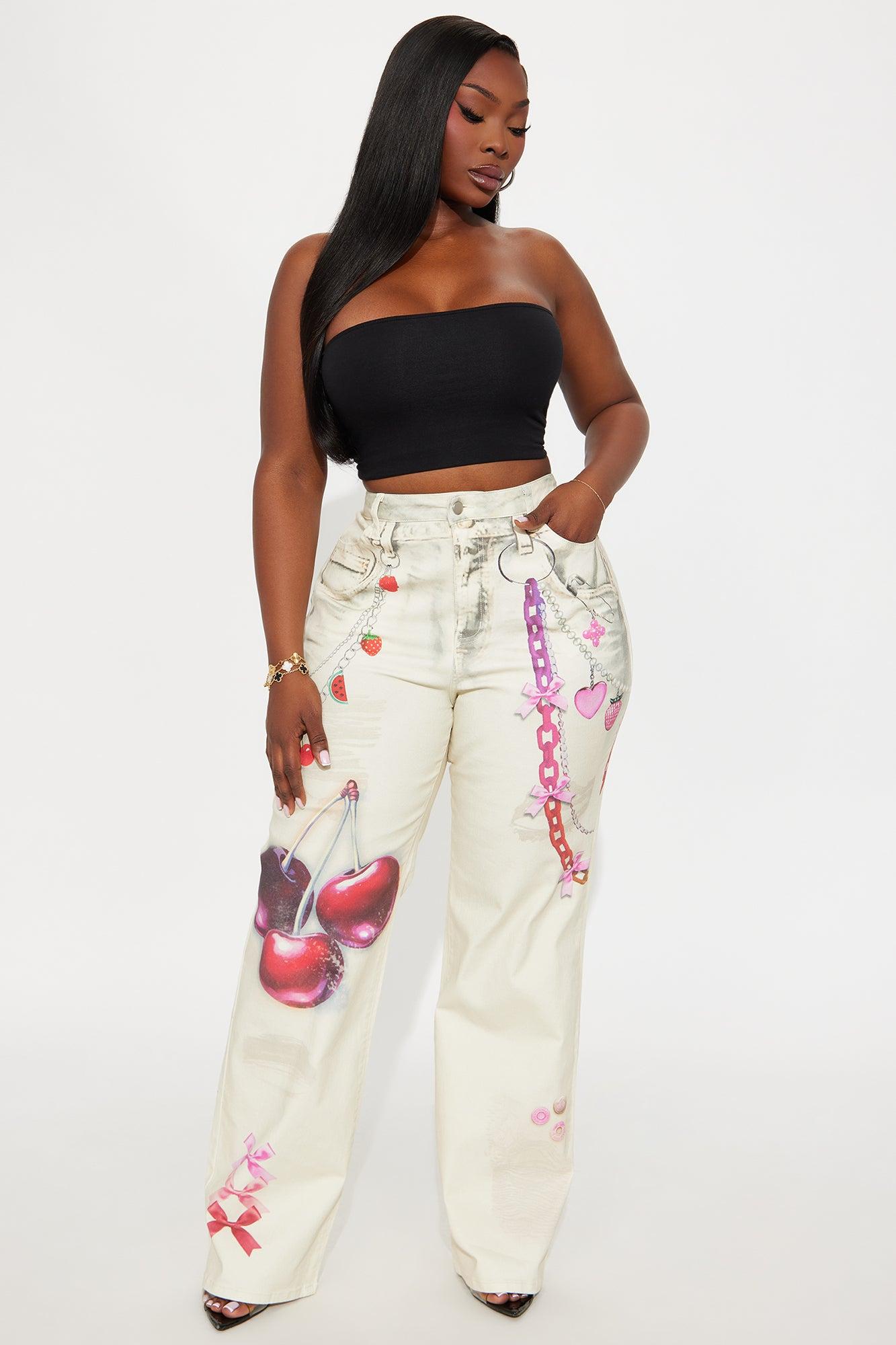 Cherry On Top Printed Wide Leg Jeans - Ivory Female Product Image