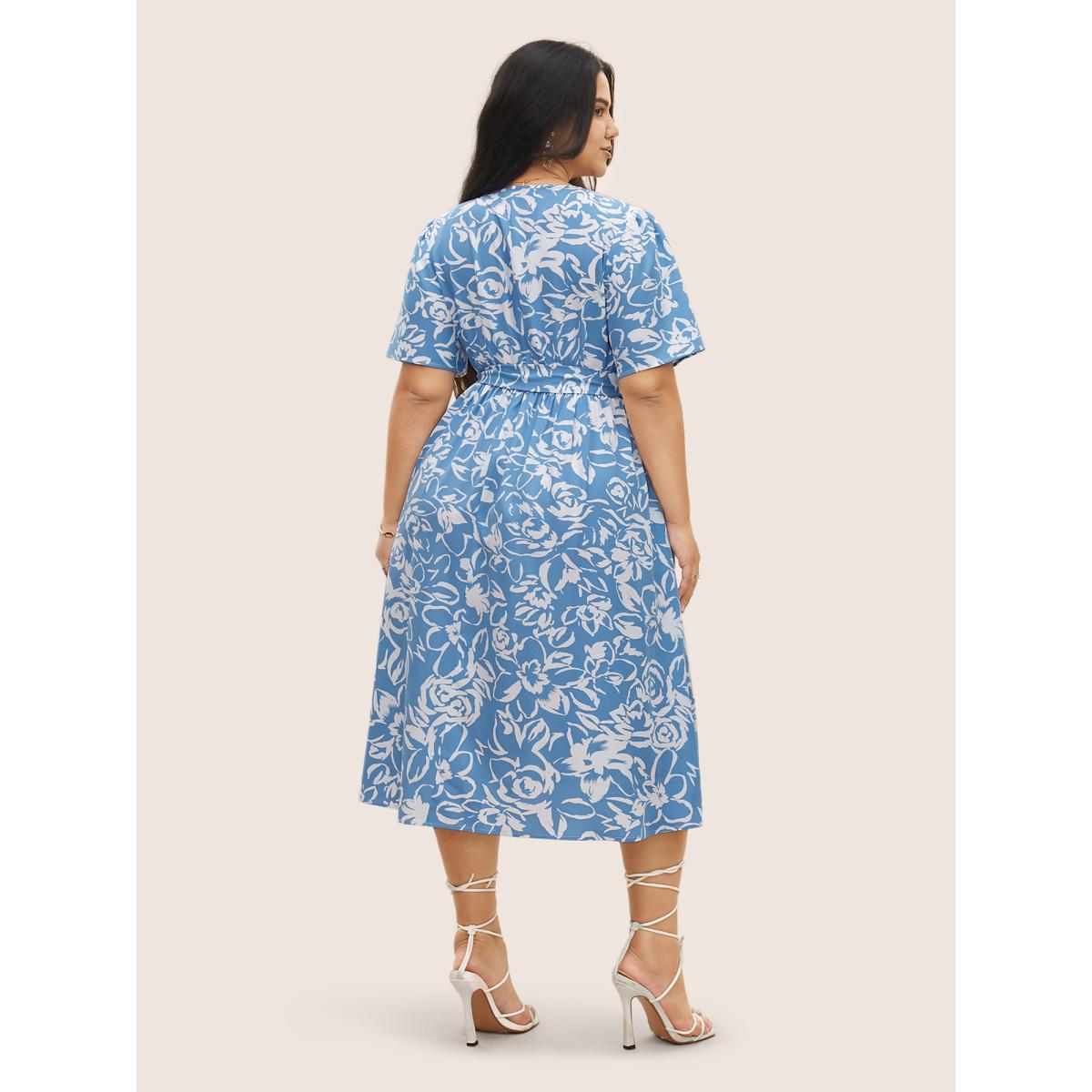 Plus Size Silhouette Floral Print Pocket Wrap Belted Dress LightBlue Women Elegant Non Overlap Collar Short sleeve Curvy Midi Dress BloomChic 18-20/2X Product Image