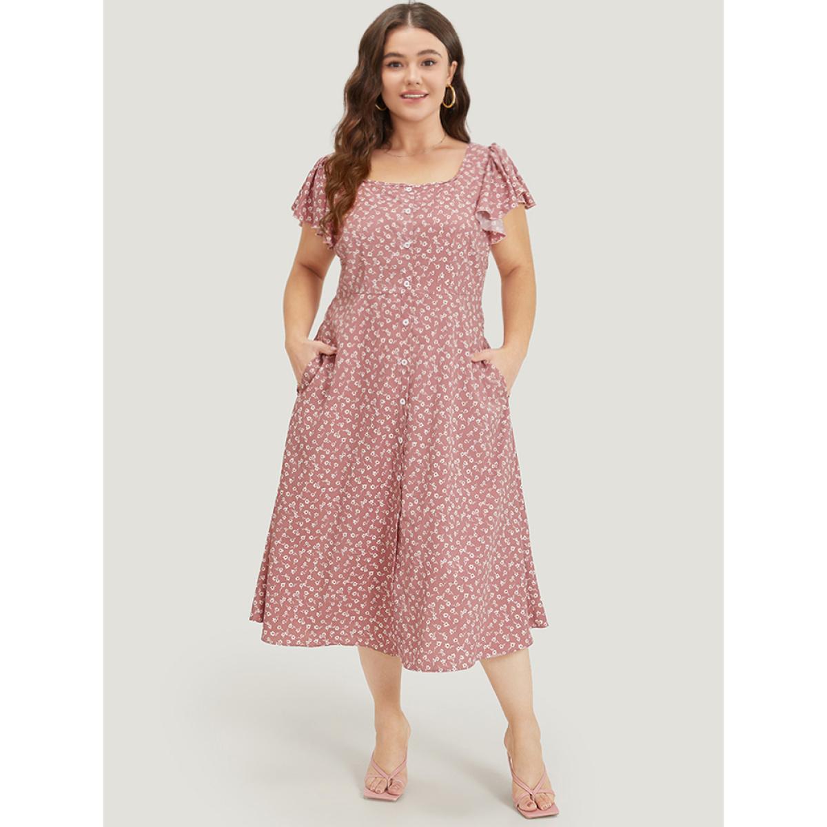 Plus Size Ditsy Floral Square Neck Ruffle Cap Sleeve Split Hem Dress Pink Women Elegant Button Square Neck Short sleeve Curvy Midi Dress BloomChic 28/5X Product Image
