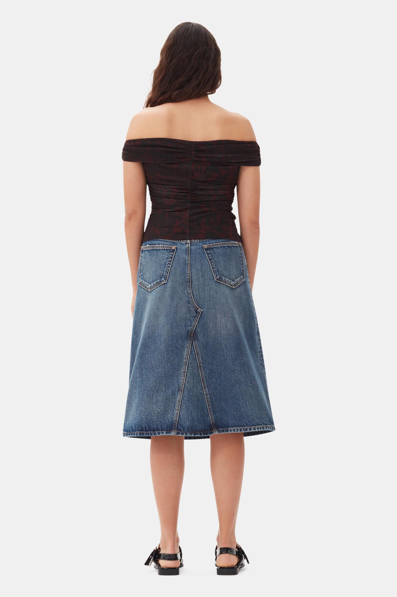 Dark Blue Heavy Washed Denim Midi Skirt Product Image