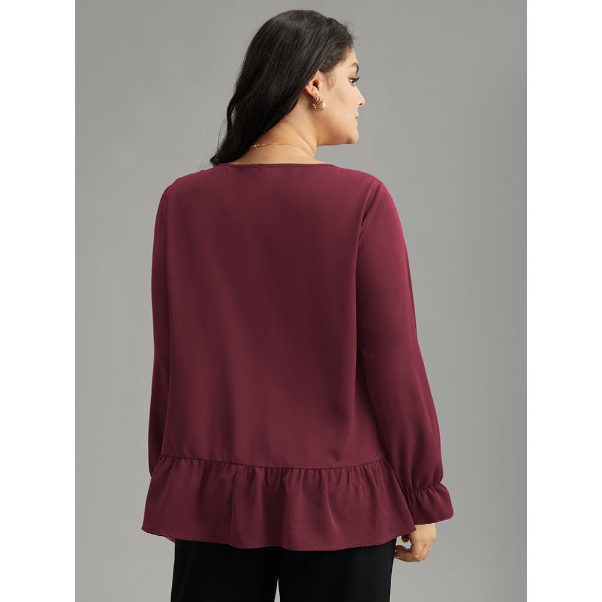 Plus Size Scarlet Static-Free Plain Pleated Ruffles Lantern Sleeve Blouse Women Office Long Sleeve Round Neck Work Blouses BloomChic 22-24/3X Product Image