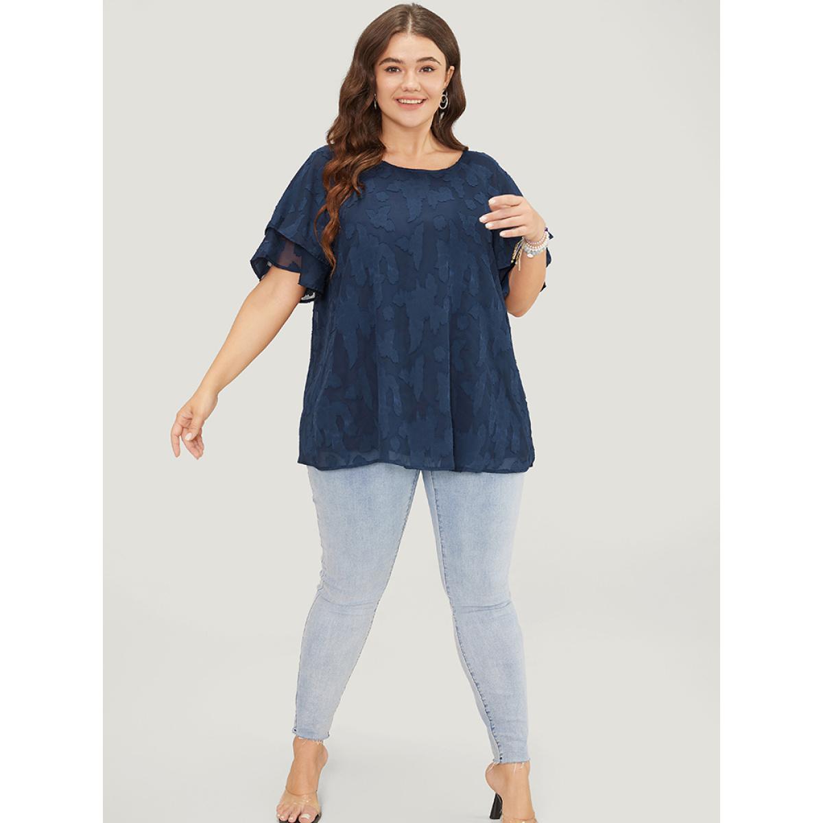 Plus Size Indigo Floral Print Ruffle Tiered Raglan Sleeve Mesh Blouse Women Elegant Short sleeve Round Neck Everyday Blouses BloomChic 18-20/2X Product Image