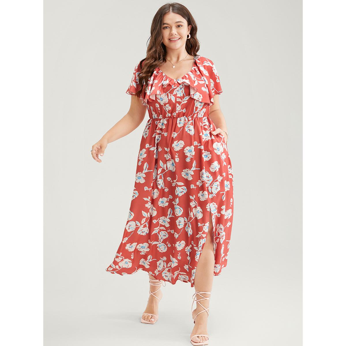 Plus Size Floral Printed Ruffle Trim Pocket V Neck Split Hem Dress Coral Women Elegant Elastic Waist V-neck Sleeveless Curvy Midi Dress BloomChic 28/5X Product Image