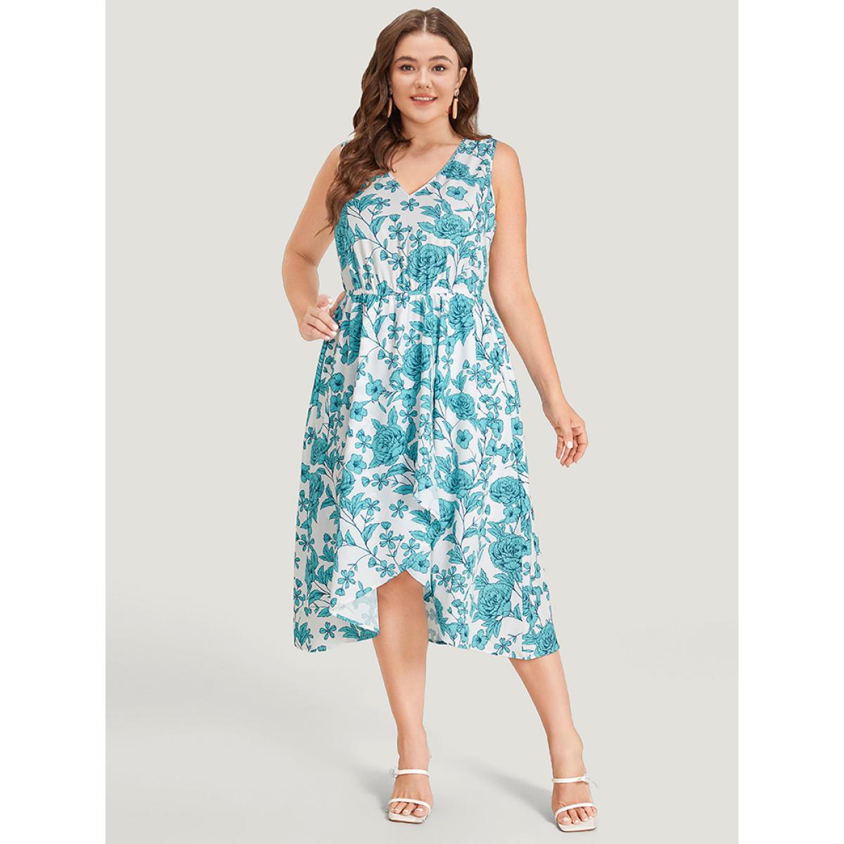 Plus Size Floral Print Pocket V Neck Asymmetrical Hem Tank Dress Teal Women Elegant Lined V-neck Sleeveless Curvy Midi Dress BloomChic 22-24/3X Product Image