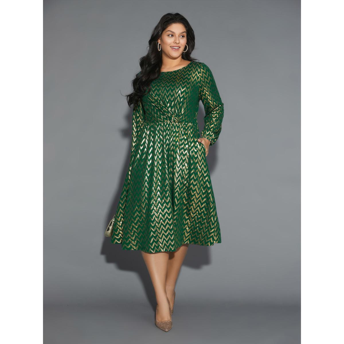 Plus Size Crew Neck Glitter Geometric Gathered Dress Emerald Women Cocktail Texture Round Neck Long Sleeve Curvy BloomChic 14-16/1X Product Image
