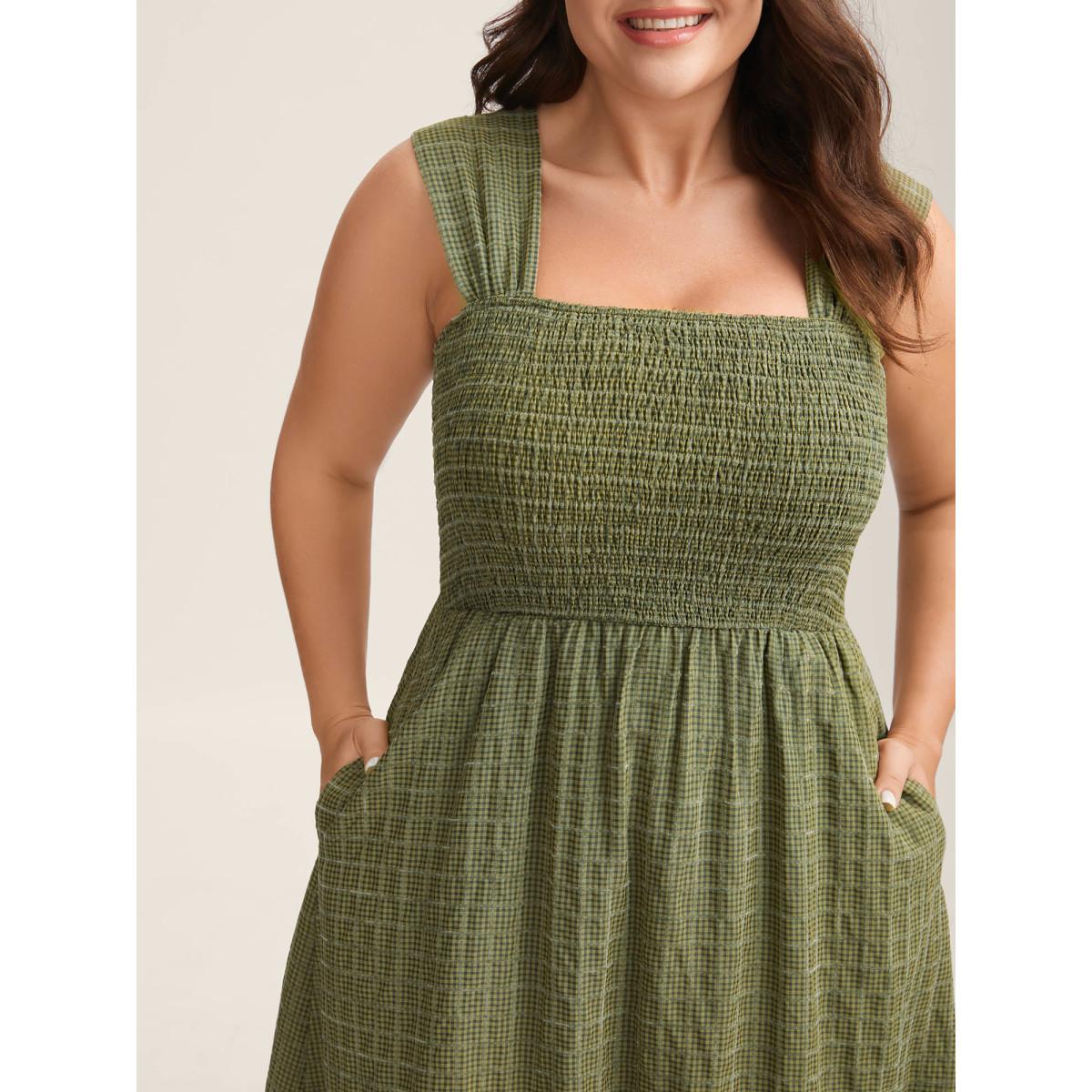 Plus Size Plaid Shirred Lace Trim Tiered Maxi Dress Moss Women Leisure Square Neck Cap Sleeve Curvy BloomChic 10/M Product Image