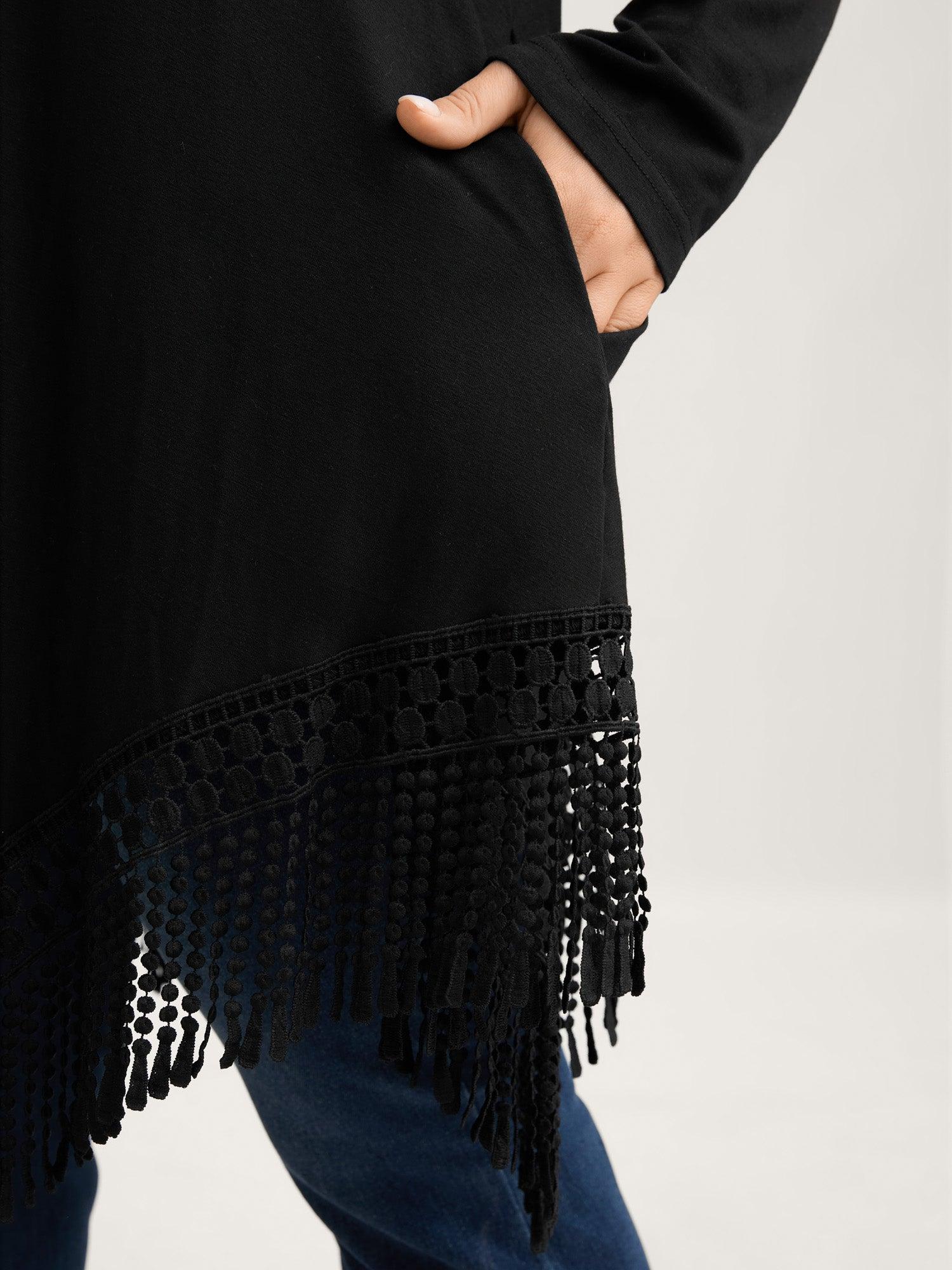 Solid Tassels Trim Pocket Asymmetrical Hem T-shirt Female Product Image