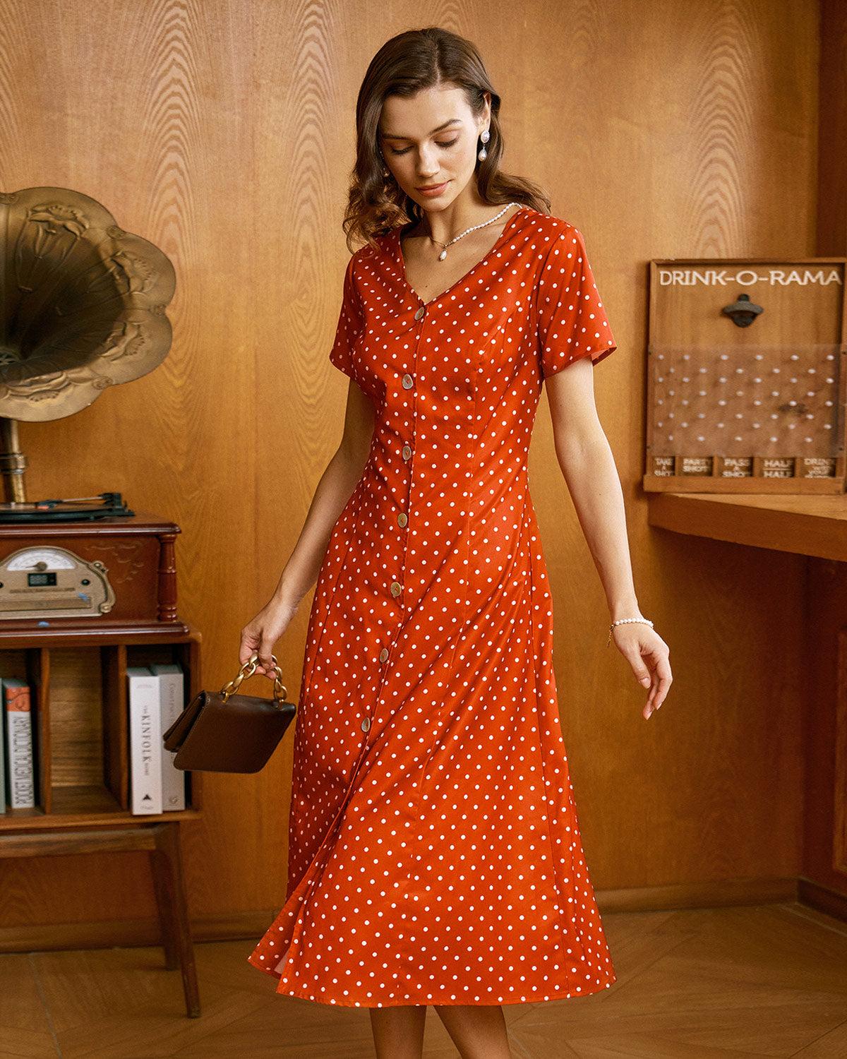 Red Polka Dot Button Midi Dress Product Image