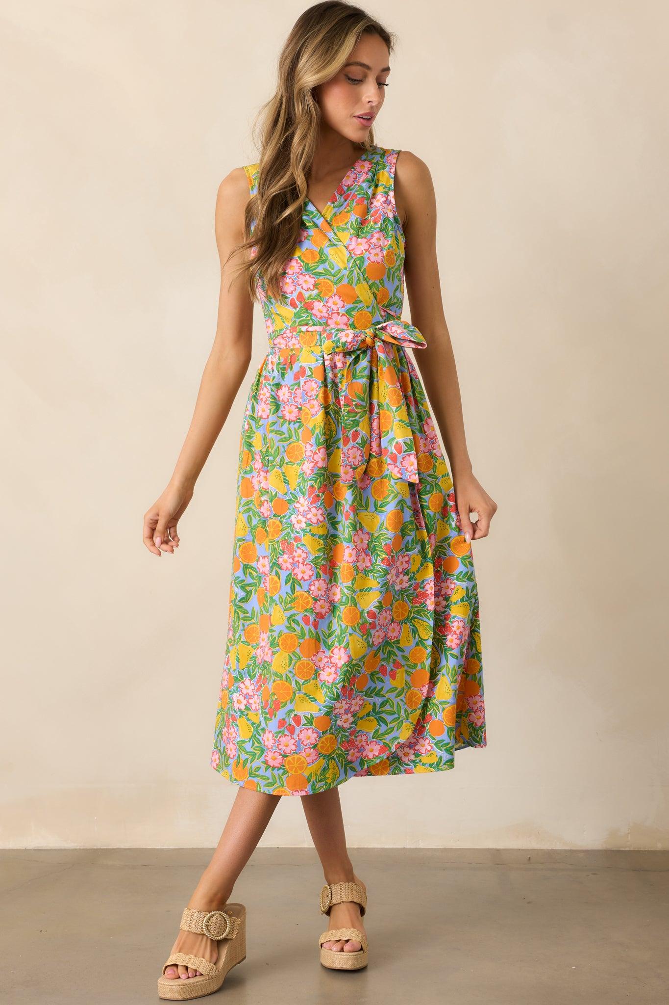 Citrus Bloom Sky Blue Multi Print Midi Wrap Dress Product Image