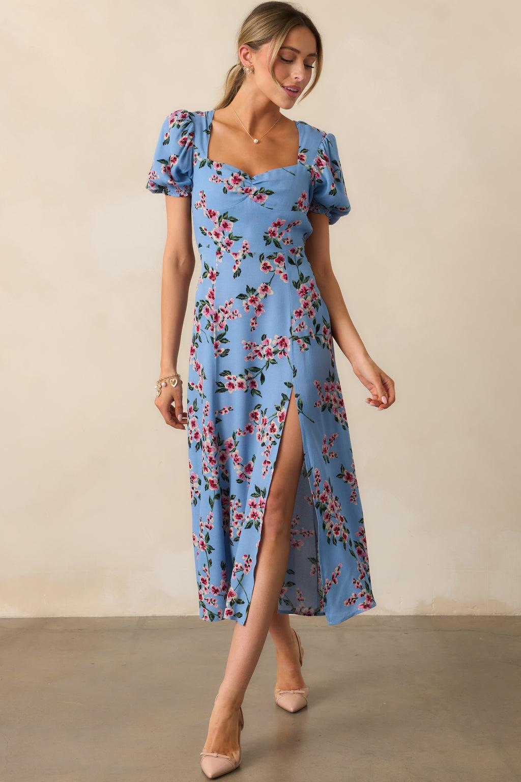All Eyes On You Ash Blue Floral Puff Sleeve Midi Dress Product Image