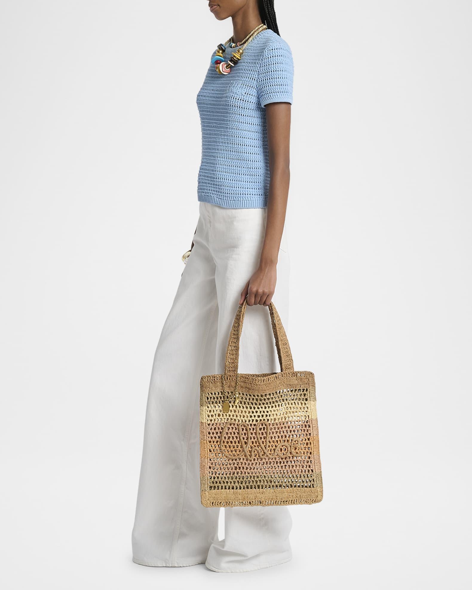Summer Banana Tote Bag in Striped Crochet Paper and Leather Product Image