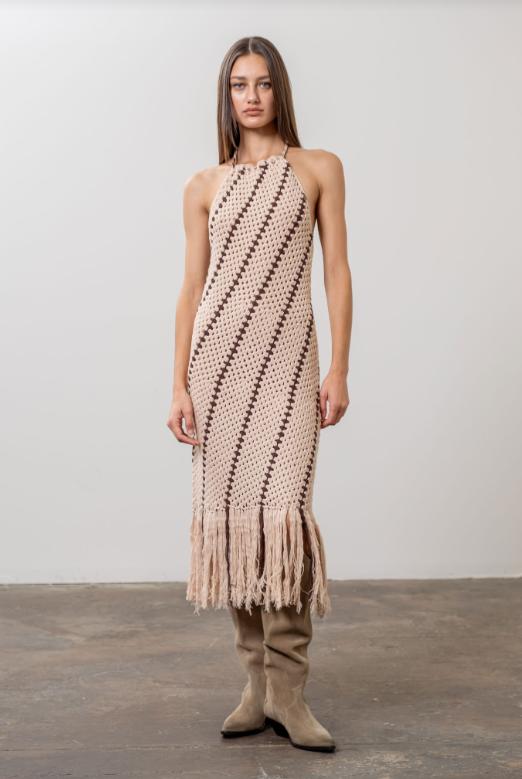 FINAL SALE Billie Crochet Fringe Knit Midi Dress | Taupe Product Image