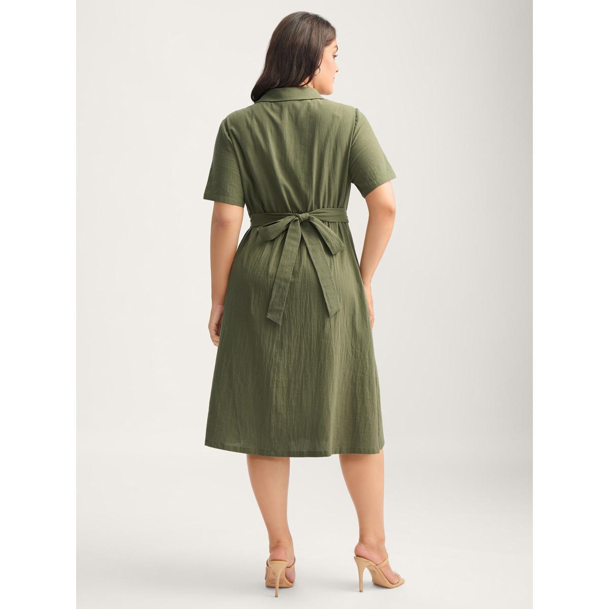 Plus Size Cotton Back-Tie Overlap Shirt Dress ArmyGreen Women Office Tie knot Shirt collar Short sleeve Curvy BloomChic 22-24/3X Product Image