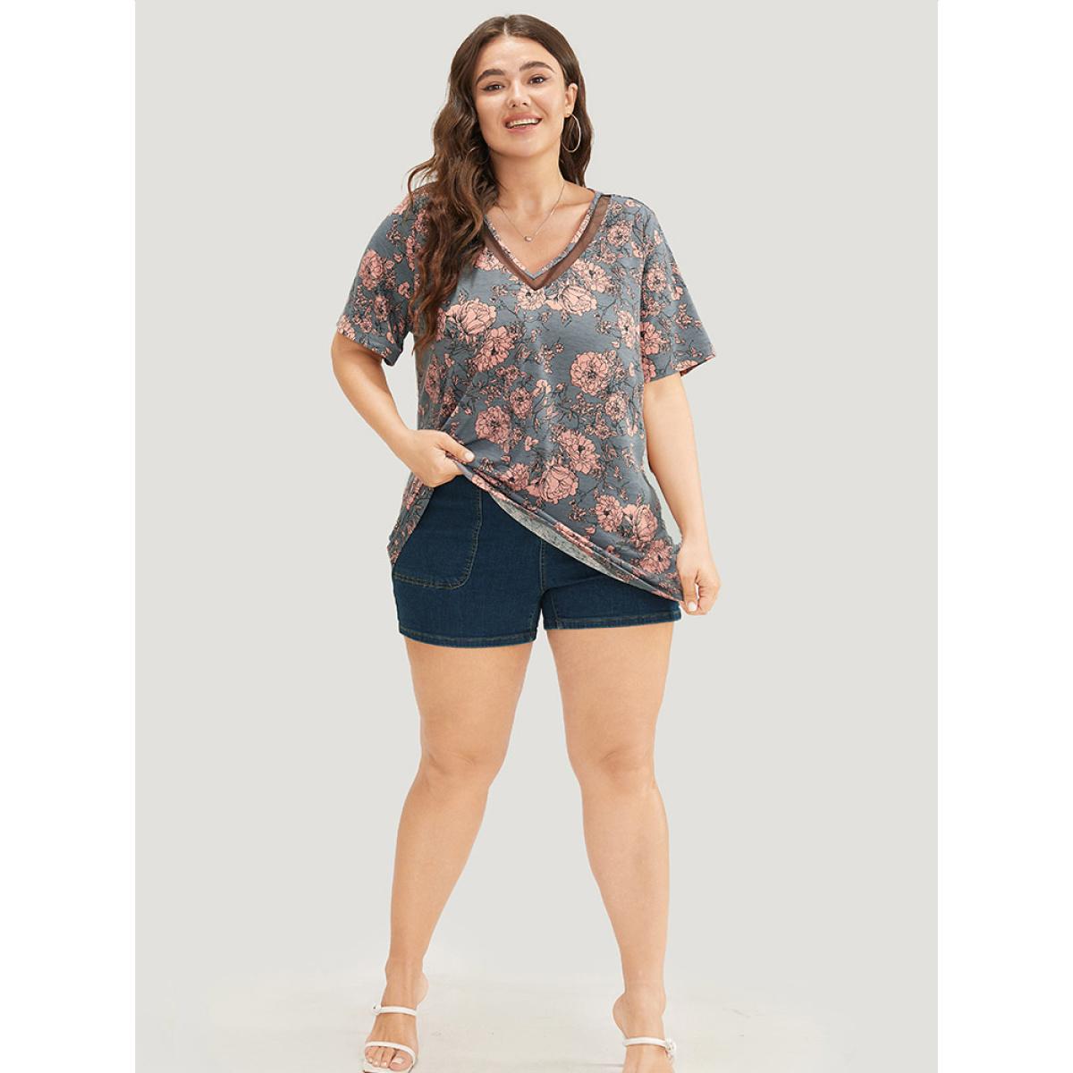 Plus Size Floral Print Mesh Insert Flutter Sleeve T-shirt Gray Women Elegant See through Floral V-neck Dailywear T-shirts BloomChic 22-24/3X Product Image