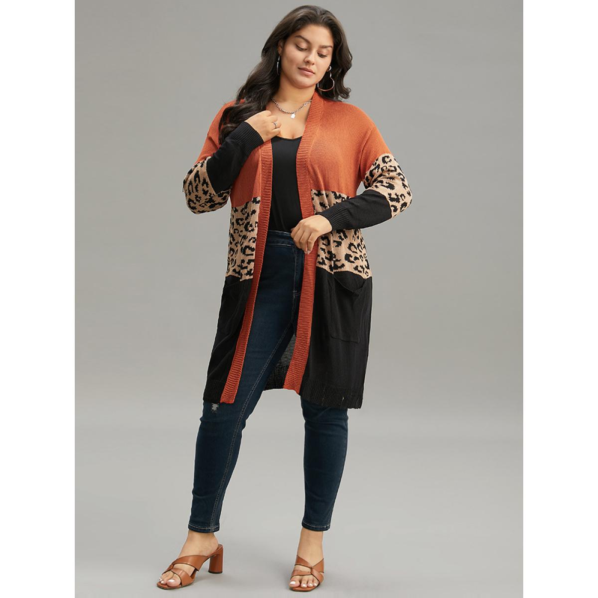 Plus Size Leopard Colorblock Patchwork Patched Pocket Cardigan Multicolor Women Casual Loose Long Sleeve Dailywear Cardigans BloomChic 28/5X Product Image