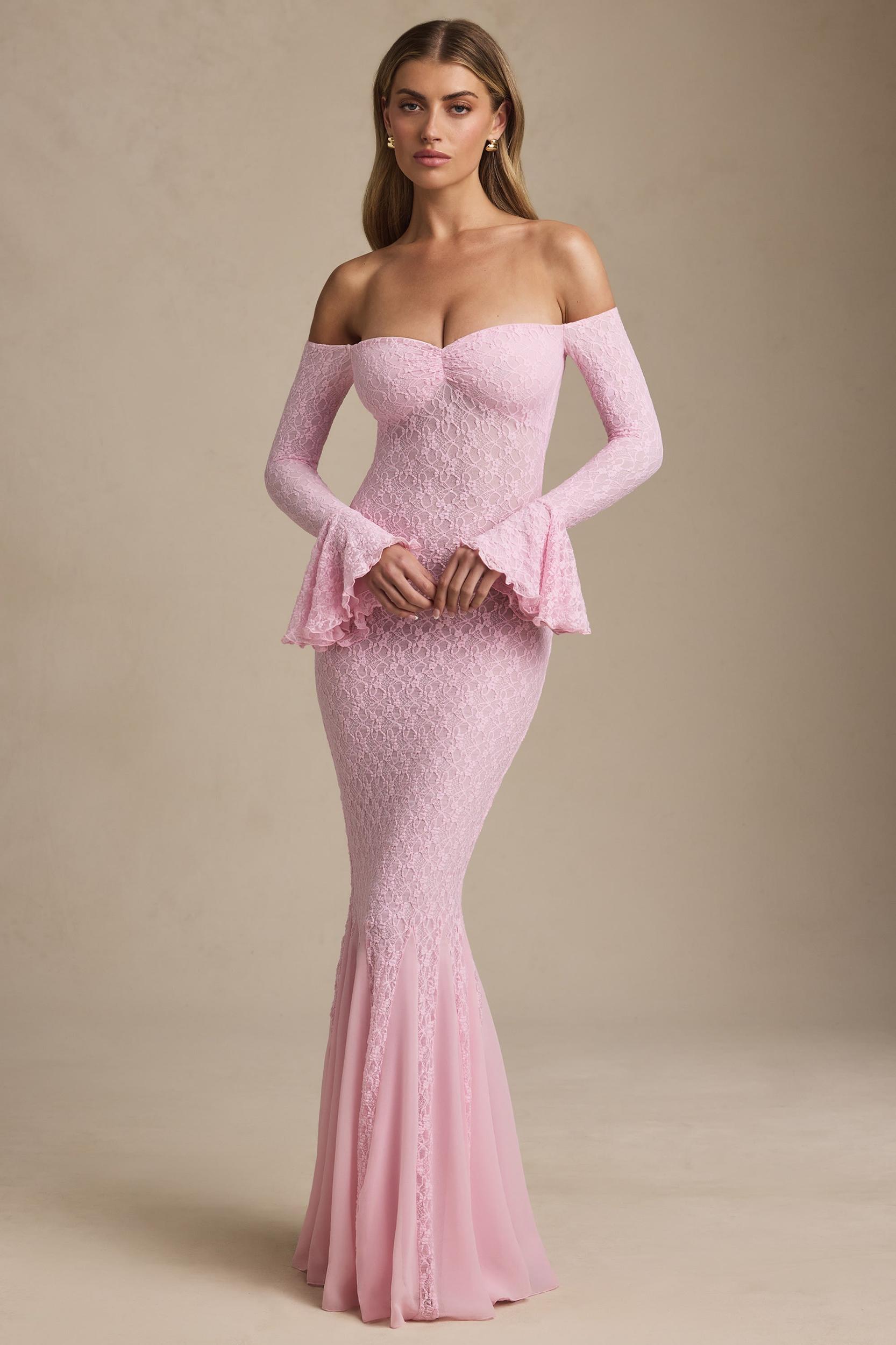 Off-Shoulder Ruffle Lace Maxi Dress in Soft Pink Product Image