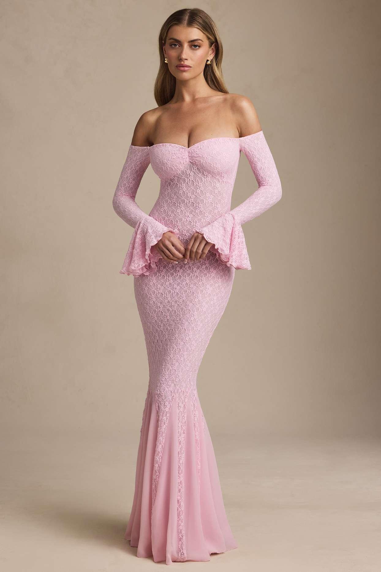 Off-Shoulder Ruffle Lace Maxi Dress in Soft Pink Product Image