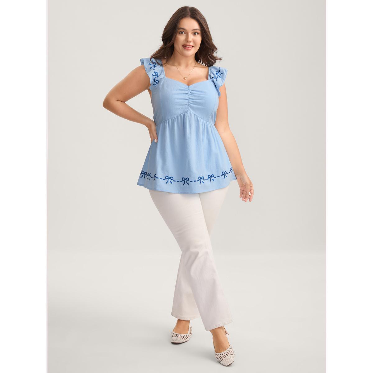 Plus Size LightBlue Bow-tiful Embroidery Ruched Neck Blouse Women Cap Sleeve Heart neckline Everyday-Elegant Blouses BloomChic 10/M Product Image