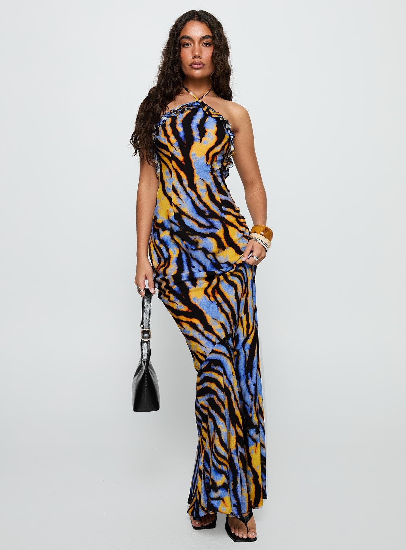 Virginia Beach Backless Maxi Dress Blue Zebra Product Image