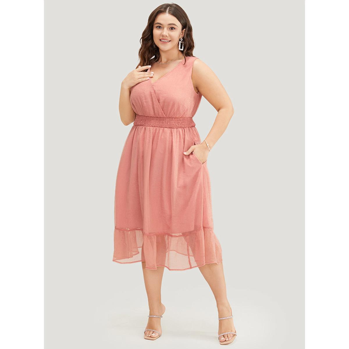 Plus Size Solid Pocket Ruffle Hem Wrap Shirred Tank Dress Pink Women Party Wrap V-neck Sleeveless Curvy Midi Dress BloomChic 22-24/3X Product Image