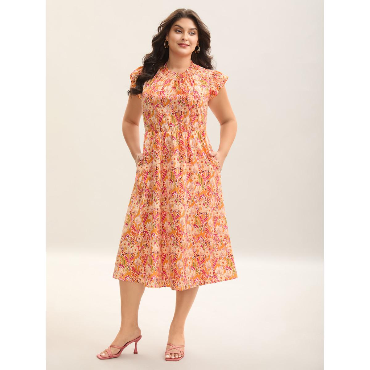 Plus Size Floral Print Shirred Pockets Midi Dress Coral Women Romantic Frill Trim Mock Neck Cap Sleeve Curvy BloomChic 18-20/2X Product Image