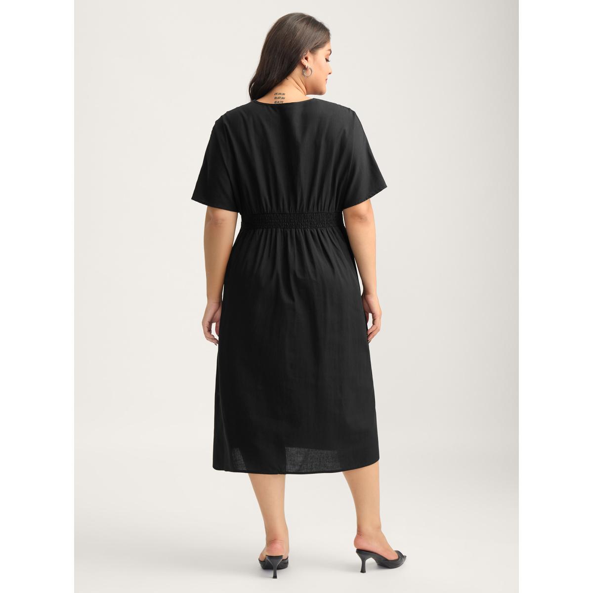Plus Size Deep V-Neck Decorative Button Midi Dress Black Women Overlap Collar Short sleeve Curvy BloomChic 18-20/2X Product Image