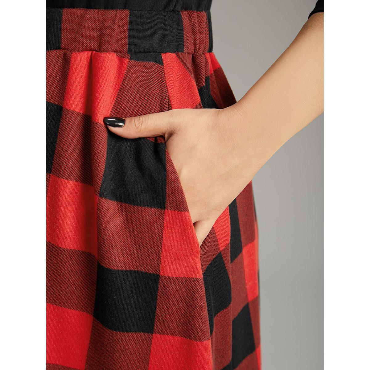 Plus Size Plaid Pocket Boat Neck Patchwork Dress Black Women Elegant Printed Boat Neck Elbow-length sleeve Curvy Midi Dress BloomChic 14-16/1X Product Image