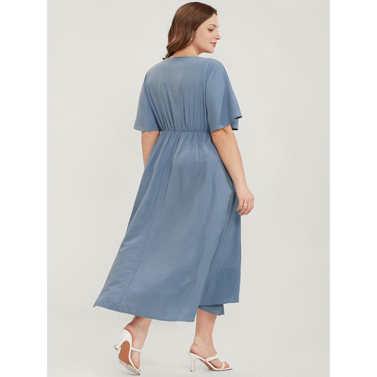 Plus Size Solid Keyhole Round Neck Pocket Ruffle Trim Rib Knit Dress Stone Women Elegant Cut-Out V-neck Short sleeve Curvy Midi Dress BloomChic 10/M Product Image