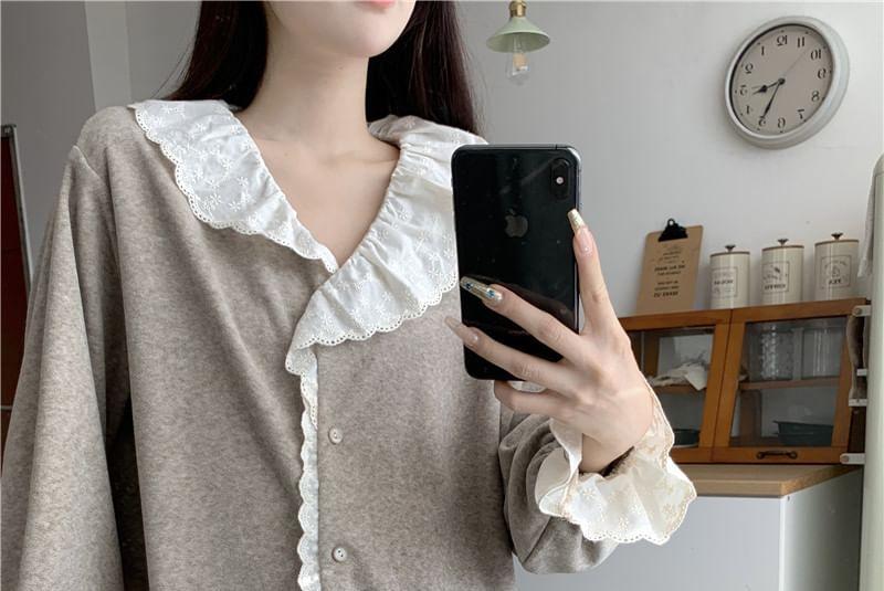 Loungewear Set : Long-Sleeve Lace Trim Shirt + Pants Product Image
