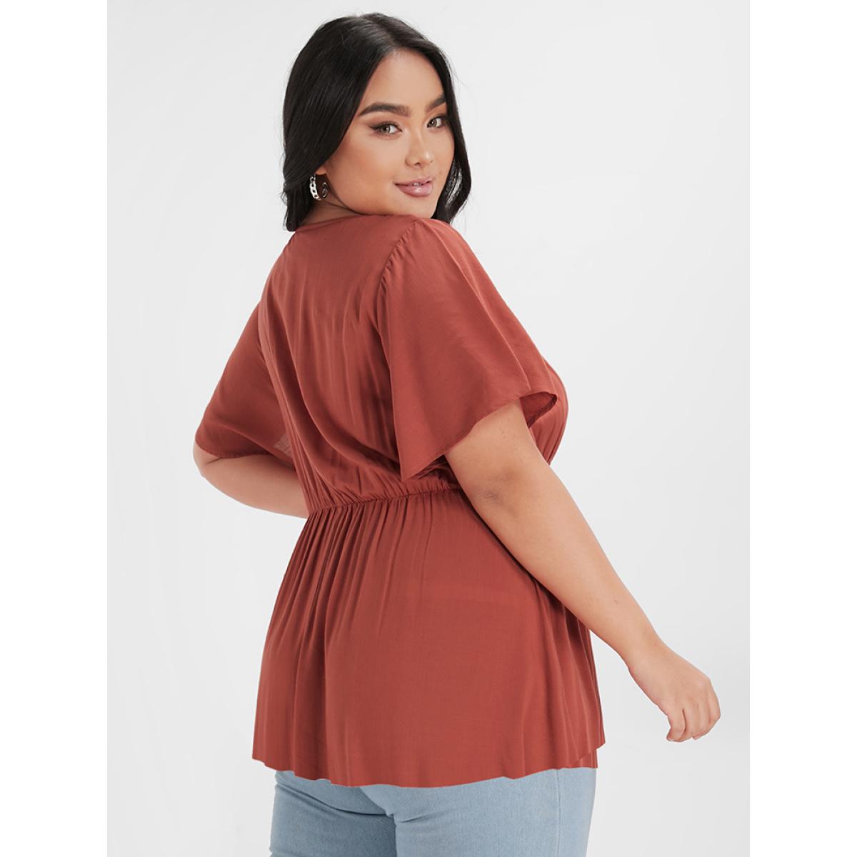 Plus Size OrangeRed Plain Ruffles Ties Shirred Crochet Lace Blouse Women Elegant Short sleeve V-neck Dailywear Blouses BloomChic 10/M Product Image