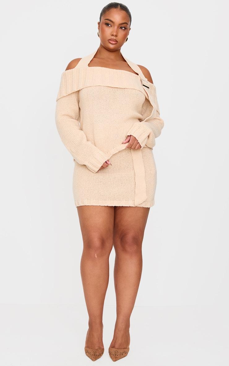 Plus Cream Knitted Fold Over Buckle Detail Sweater Product Image