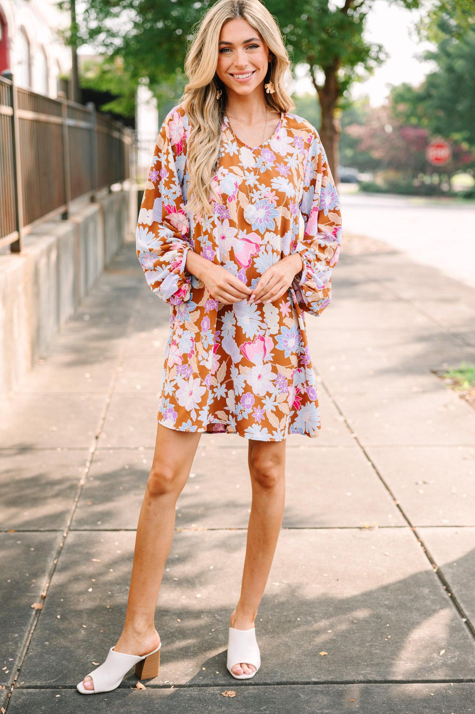 Loud And Clear Brown Floral Bubble Sleeve Dress Female Product Image