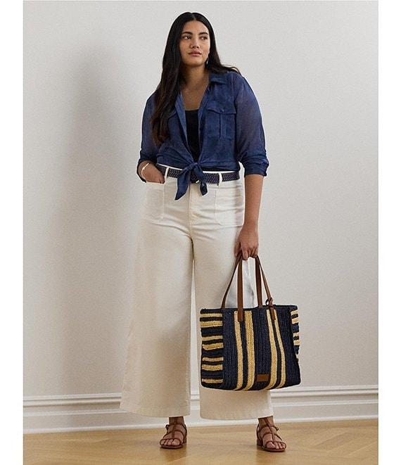 Lauren Ralph Lauren Plus Size Sheer Chiffon Cerulean Print Point Collar Long Sleeve Shirt Product Image