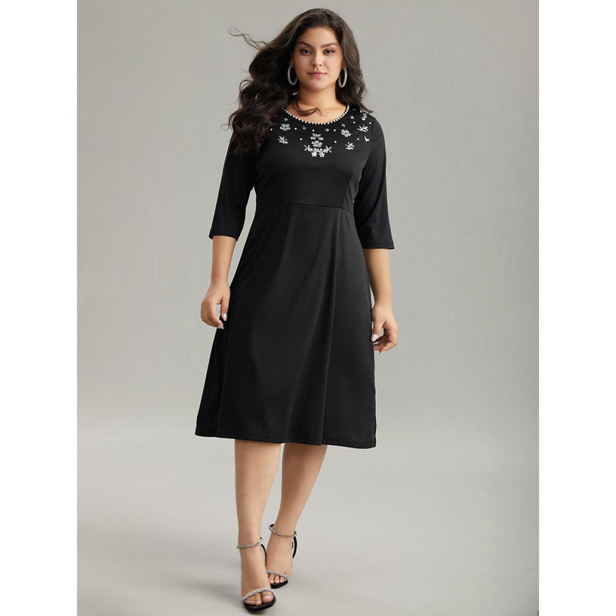 Plus Size Round Neck Sequin Pearl Beaded Dress Black Women Glamour Beaded Round Neck Elbow-length sleeve Curvy Midi Dress BloomChic 14-16/1X Product Image