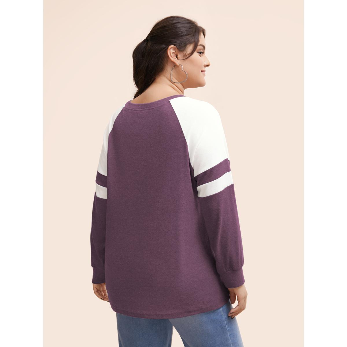 Plus Size Colorblock Contrast Stitch Raglan Sleeve T-shirt Mauve Women Casual Elastic cuffs Striped Round Neck Dailywear T-shirts BloomChic 30/6X Product Image