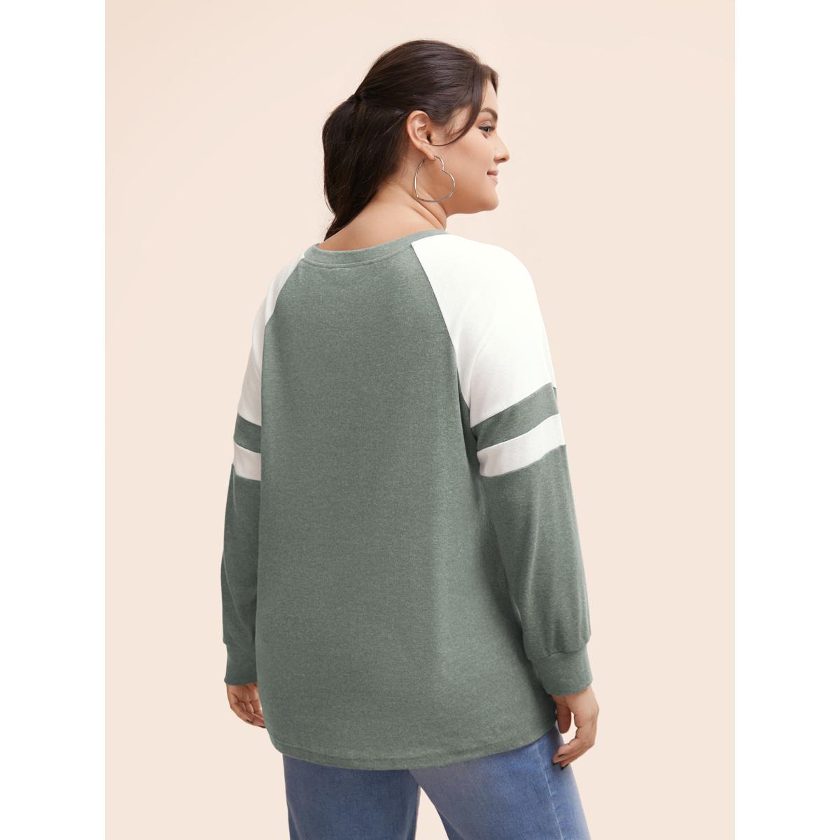 Plus Size Colorblock Contrast Stitch Raglan Sleeve T-shirt ArmyGreen Women Casual Elastic cuffs Striped Round Neck Dailywear T-shirts BloomChic 18-20/2X Product Image