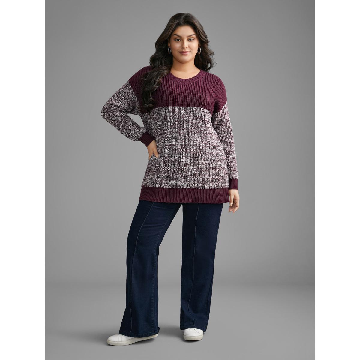 Plus Size Round Neck Heather Patchwork Pullover Deeppurple Women Casual Loose Long Sleeve Round Neck Everyday Pullovers BloomChic 28/5X Product Image