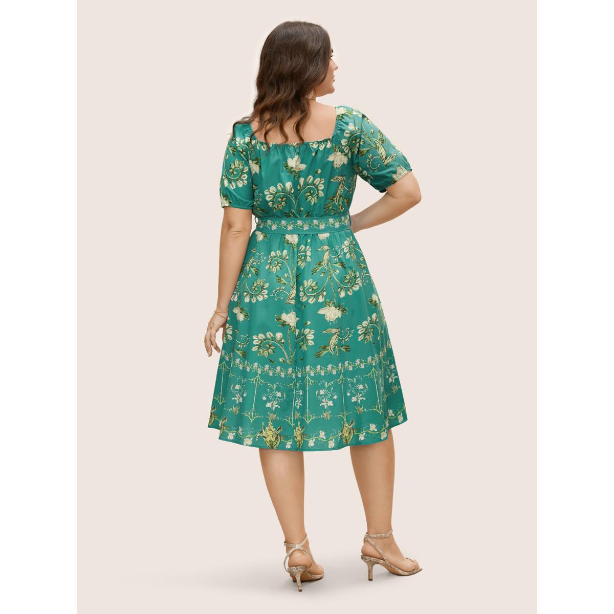 Plus Size Heart Neckline Boho Print Raglan Sleeve Dress Emerald Women Elegant Gathered Heart neckline Short sleeve Curvy BloomChic 12/L Product Image