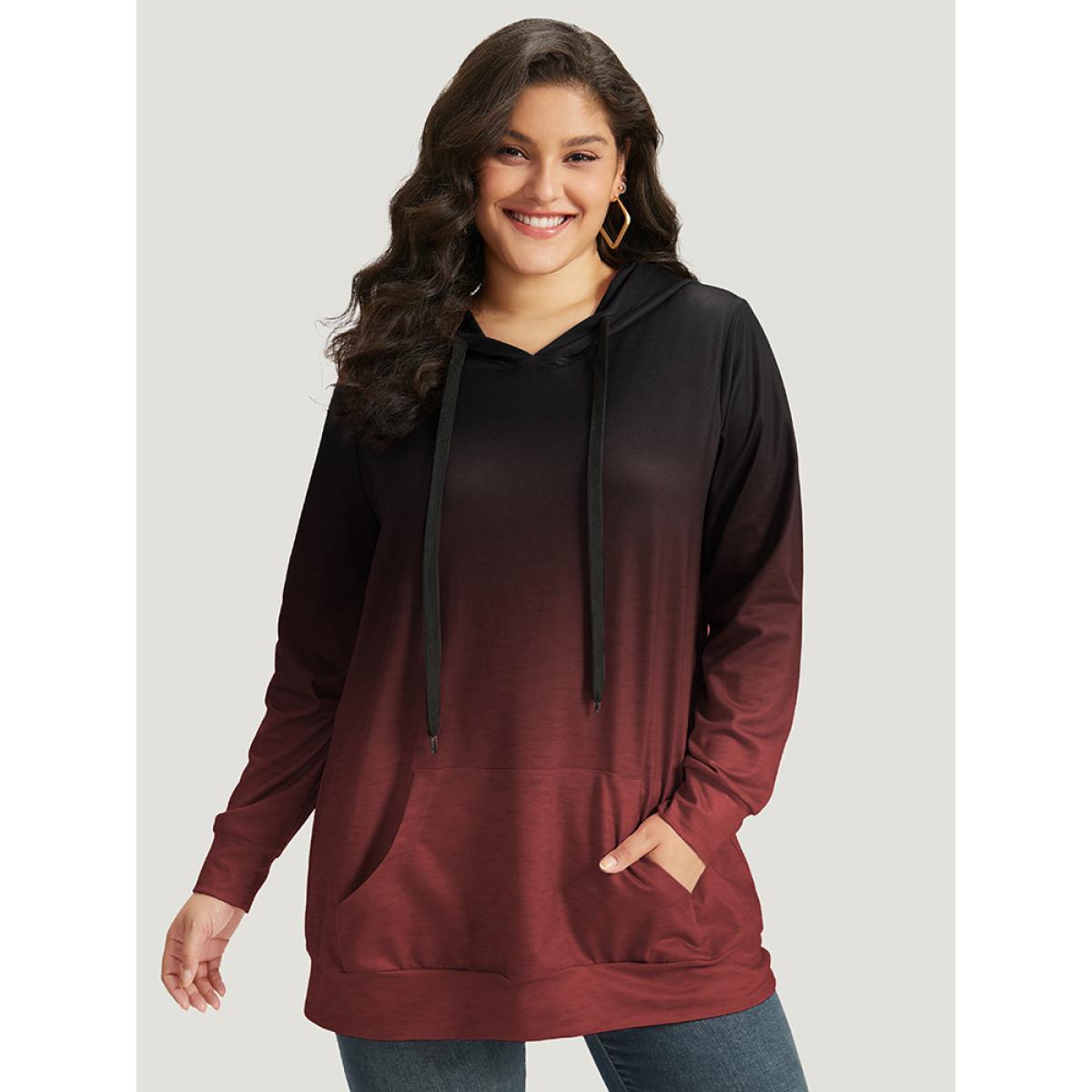 Plus Size Ombre Pocket Drawstring Hooded Sweatshirt Women Red Casual Elastic cuffs Hooded Everyday Sweatshirts BloomChic 22-24/3X Product Image