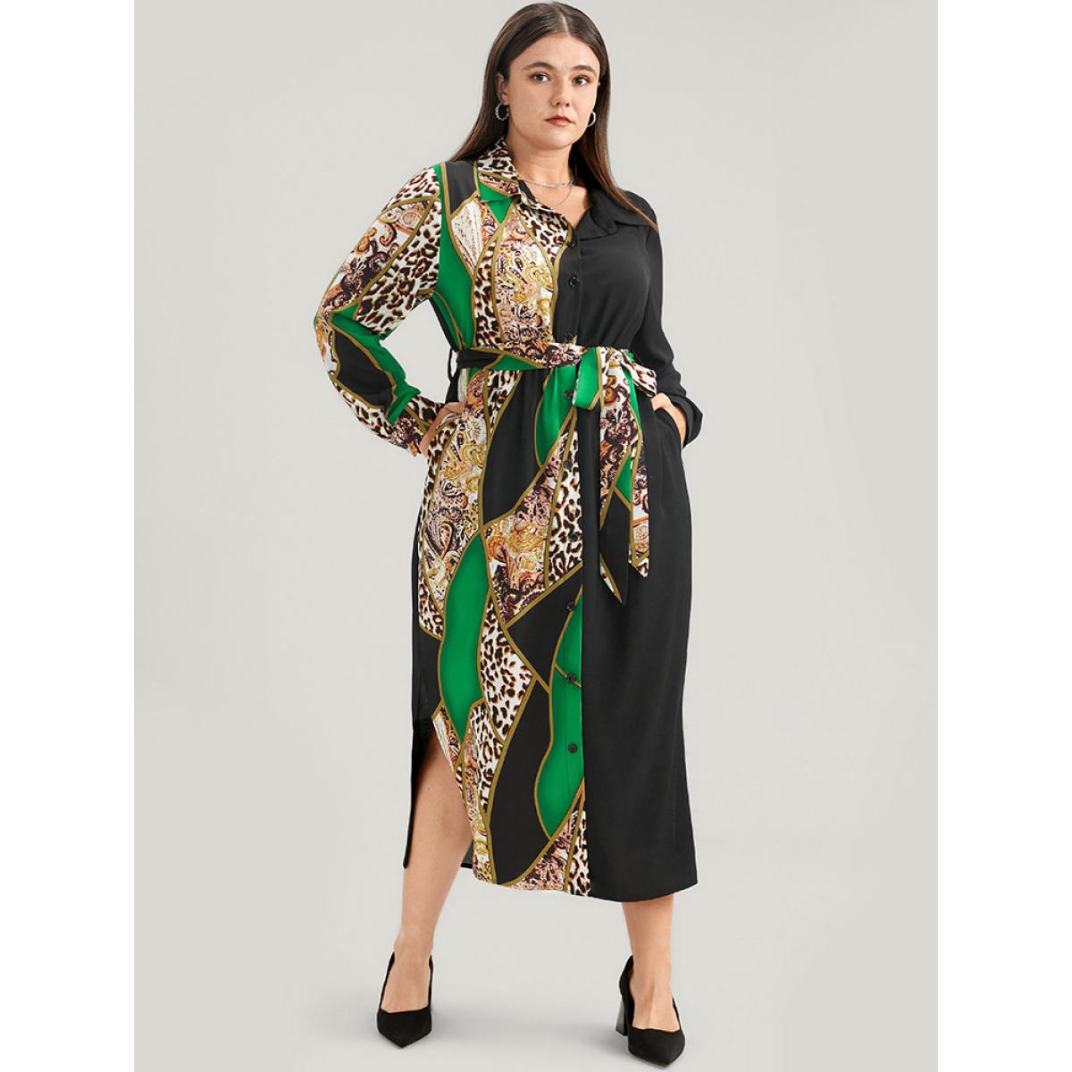 Plus Size Chain Print Shirt Collar Pocket Split Belted Button Up Dress Green Women Office Printed Shirt collar Curvy Midi Dress BloomChic 22-24/3X Product Image